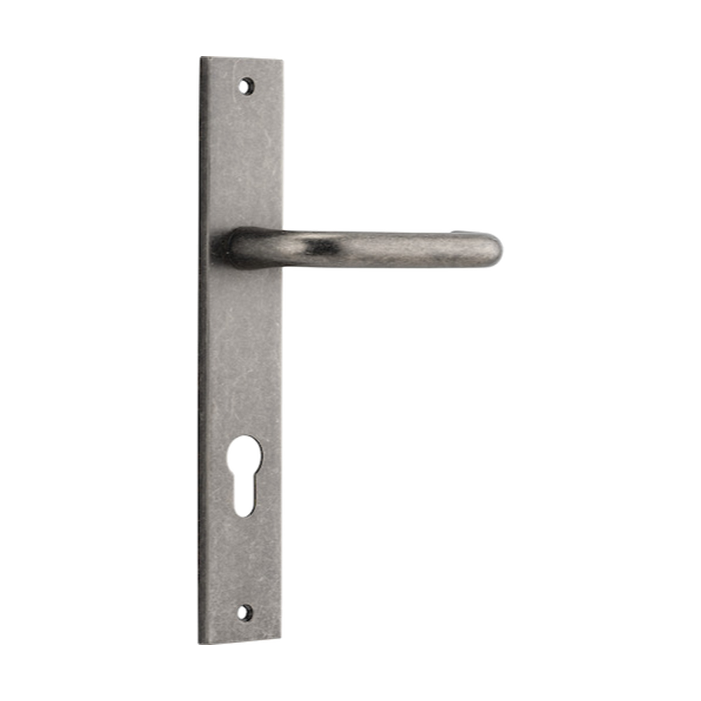 Pair of Iver Oslo Lever handles on rectangular backplates, showcasing elegant architectural hardware for doors.