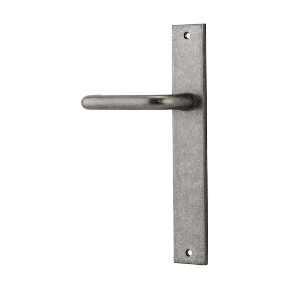 Pair of Iver Oslo lever handles on rectangular backplates, architectural hardware for doors, in a sleek modern design