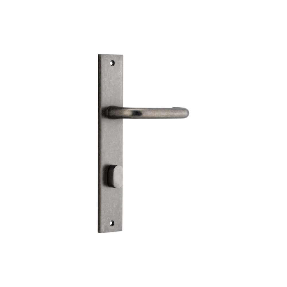 Door Lever Oslo Return Rectangular Privacy Distressed Nickel CTC85mm L118xP56mm BPH240xW50mm Privacy Kit, Tube Latch Split Cam 'T' Striker Distressed Nickel Backset 60mm, Privacy Bolt Round Bolt Distressed Nickel Backset 60mm in Distressed Nickel