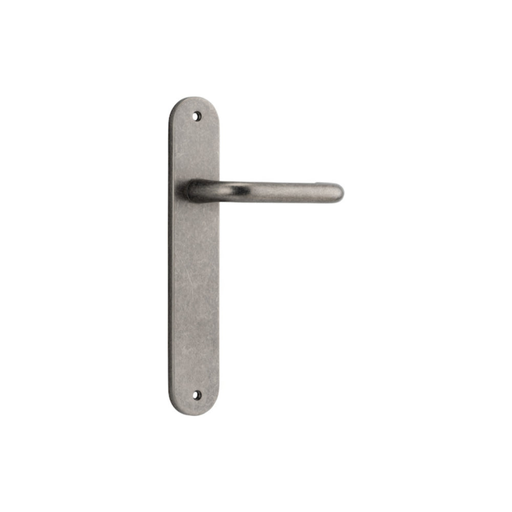 Door Lever Oslo Oval Latch Distressed Nickel H230xW40xP57mm in Distressed Nickel