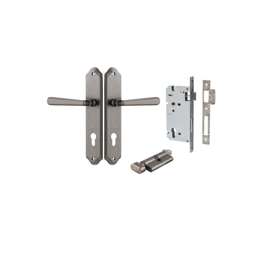 Door Lever Copenhagen Shouldered Euro Pair Distressed Nickel CTC85mm H250xW48xP61mm Entrance Kit Mortice Lock Euro Distressed Nickel CTC85mm Backset 60mm, Euro Cylinder Key Thumb 6 Pin Distressed Nickel L70mm KA1 in Distressed Nickel