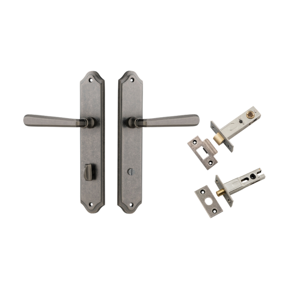Door Lever Copenhagen Shouldered Privacy Pair Distressed Nickel CTC85mm H250xW48xP61mm Inbuilt Privacy Kit Tube Latch Split Cam 'T' Striker Distressed Nickel Backset 60mm, Privacy Bolt Round Bolt Distressed Nickel Backset 60mm in Distressed Nickel