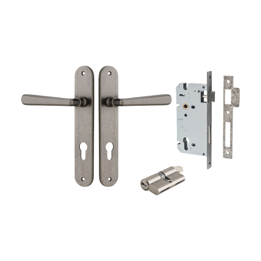 Door Lever Copenhagen Oval Euro Pair Distressed Nickel CTC85mm H240xW40xP61mm Entrance Kit Mortice Lock Euro Distressed Nickel CTC85mm Backset 60mm, Euro Cylinder Dual Function 5 Pin Distressed Nickel L65mm KA1 in Distressed Nickel