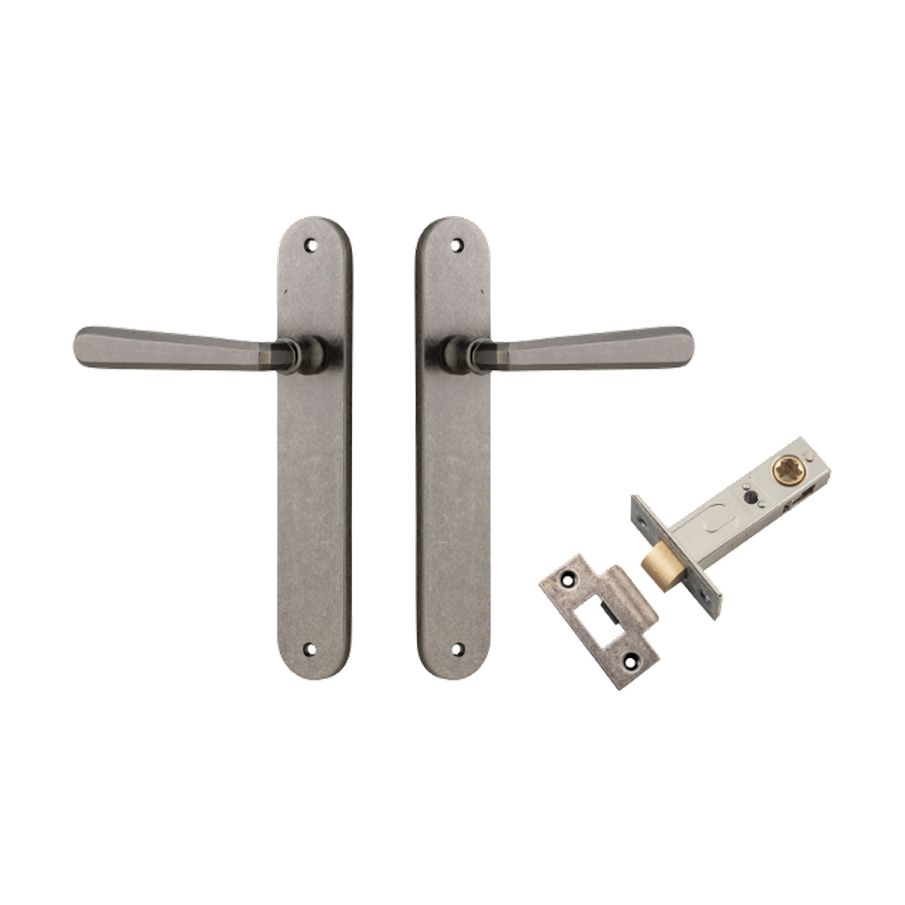 Door Lever Copenhagen Oval Latch Pair Distressed Nickel H240xW40xP61mm Passage Kit Tube Latch Split Cam 'T' Striker Distressed Nickel Backset 60mm in Distressed Nickel
