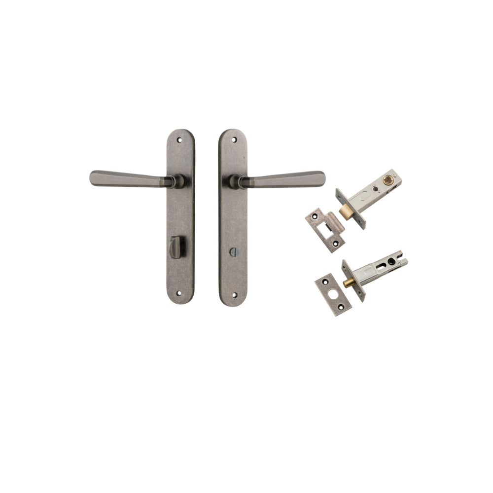 Door Lever Copenhagen Oval Privacy Pair Distressed Nickel CTC85mm H240xW40xP61mm Inbuilt Privacy Kit Tube Latch Split Cam 'T' Striker Distressed Nickel Backset 60mm, Privacy Bolt Round Bolt Distressed Nickel Backset 60mm in Distressed Nickel