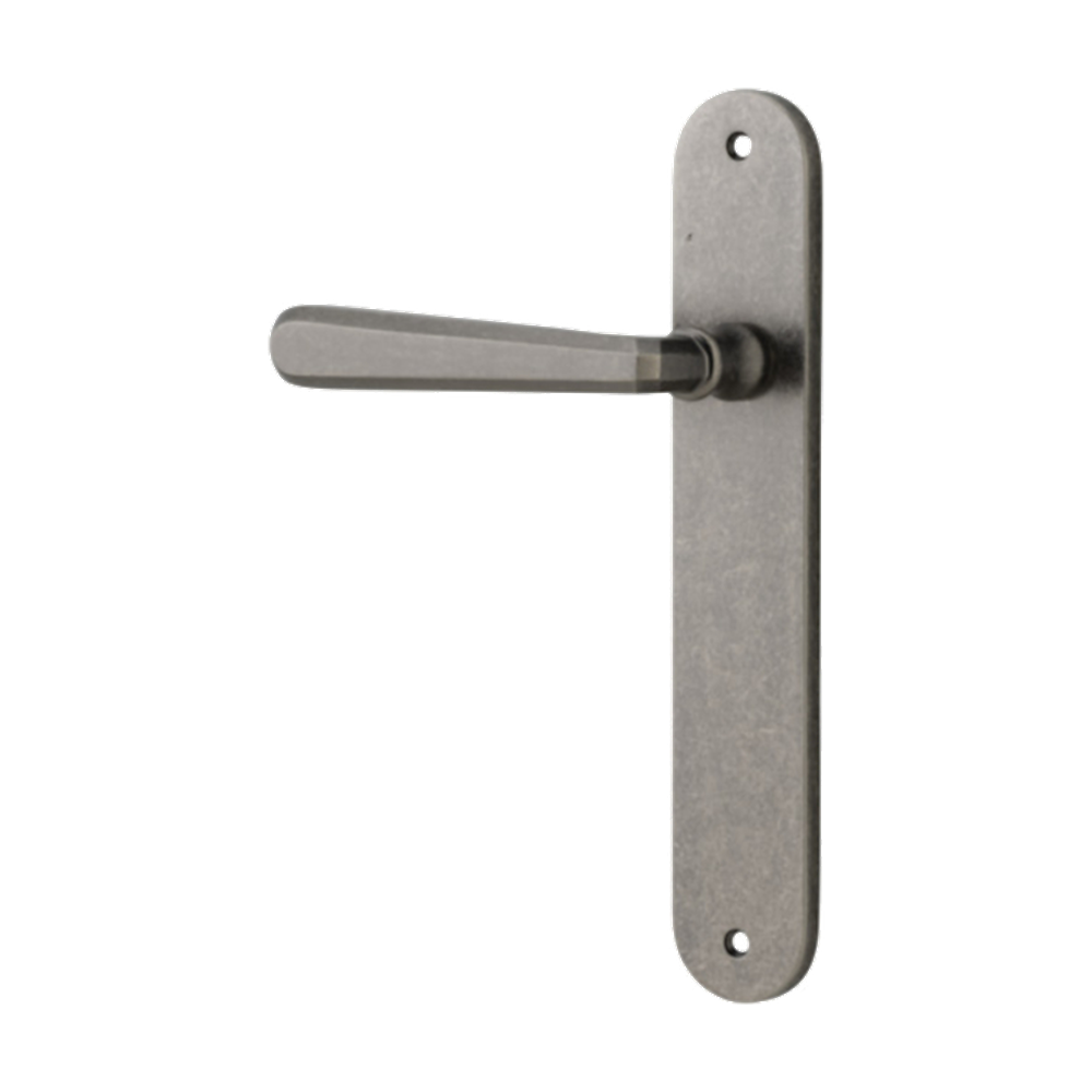 Door Lever Copenhagen Oval Latch Left Hand Fixed Distressed Nickel L120xP57mm BPH240xW40mm in Distressed Nickel