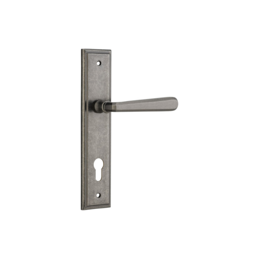 Door Lever Copenhagen Stepped Euro Pair Distressed Nickel CTC85mm H237xW50xP61mm in Distressed Nickel