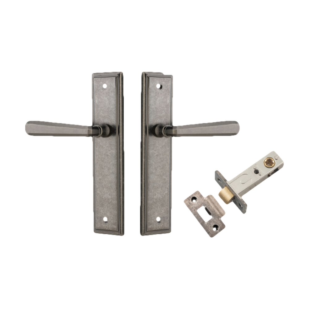 Pair of Iver Copenhagen lever handles on stepped backplates, architectural hardware with sleek, modern design.