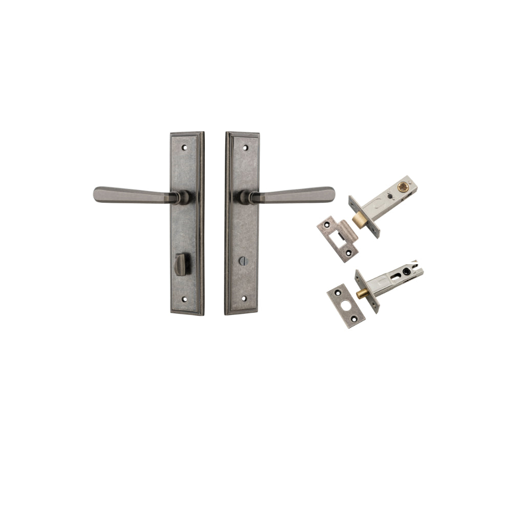 Door Lever Copenhagen Stepped Privacy Pair Distressed Nickel CTC85mm H237xW50xP61mm Inbuilt Privacy Kit Tube Latch Split Cam 'T' Striker Distressed Nickel Backset 60mm, Privacy Bolt Round Bolt Distressed Nickel Backset 60mm in Distressed Nickel