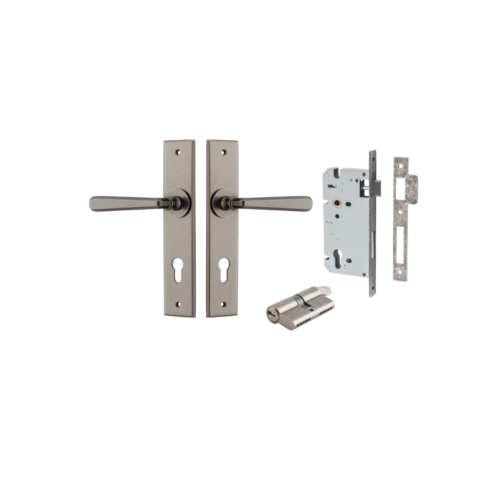 Door Lever Copenhagen Chamfered Euro Pair Distressed Nickel CTC85mm L120xP59mm BPH240xW50mm Mortice Lock Euro Distressed Nickel CTC85mm Backset 60mm, Euro Cylinder Dual Function 5 Pin Distressed Nickel 65mm KA4 in Distressed Nickel