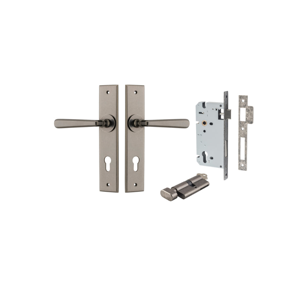 Door Lever Copenhagen Chamfered Euro Pair Distressed Nickel CTC85mm L120xP59mm BPH240xW50mm Mortice Lock Euro Distressed Nickel CTC85mm Backset 60mm, Euro Cylinder Key Thumb 5 Pin Distressed Nickel 65mm KA4 in Distressed Nickel