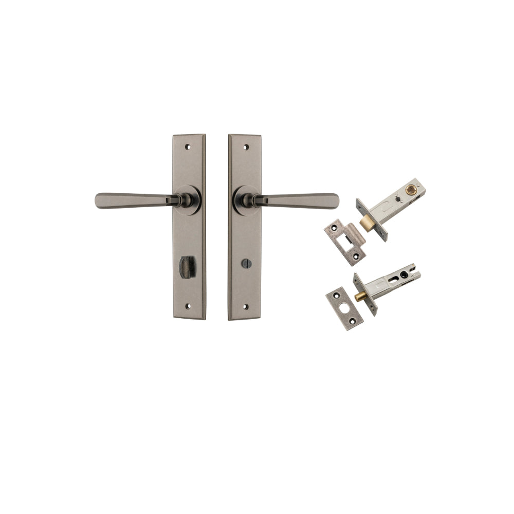 Door Lever Copenhagen Chamfered Privacy Distressed Nickel CTC85mm L120xP59mm BPH240xW50mm Privacy Kit Tube Latch Split Cam 'T' Striker Distressed Nickel Backset 60mm, Privacy Bolt Round Bolt Distressed Nickel Backset 60mm in Distressed Nickel