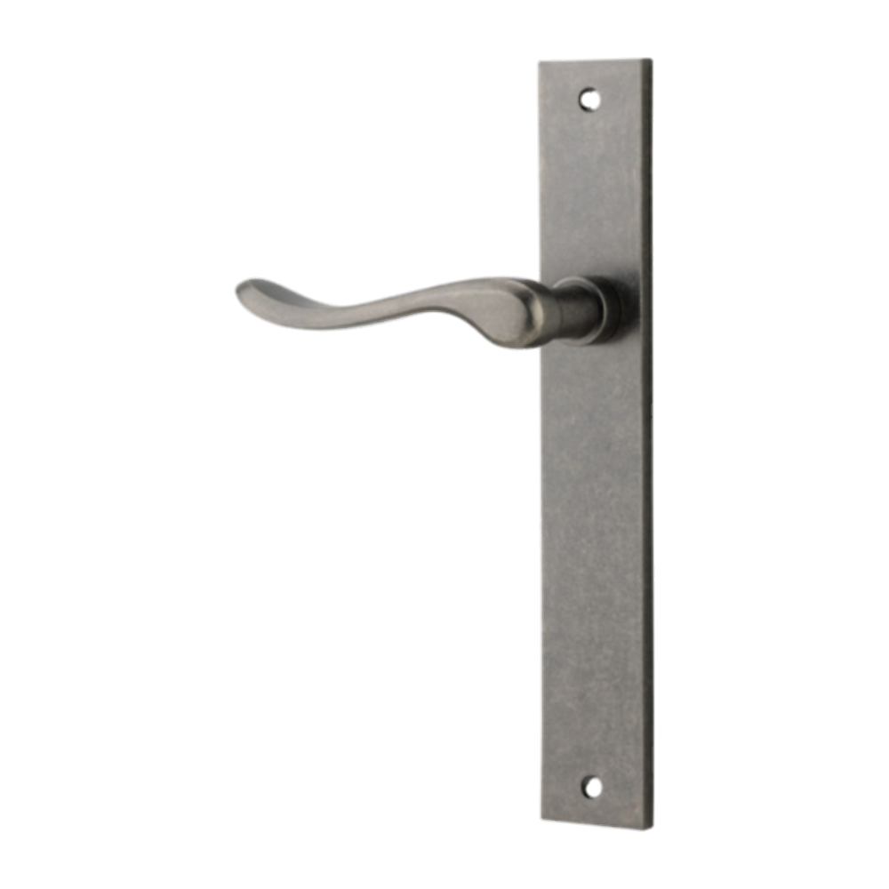 Door Lever Stirling Rectangular Latch Left Hand Fixed Distressed Nickel L116xP62mm BPH240xW38mm in Distressed Nickel
