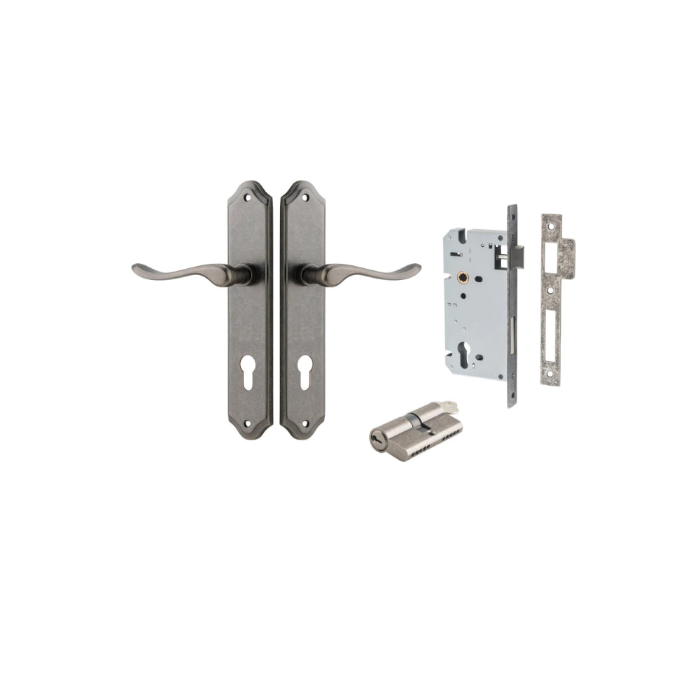 Door Lever Stirling Shouldered Euro Pair Distressed Nickel CTC85mm H250xW48xP64mm Entrance Kit Mortice Lock Euro Distressed Nickel CTC85mm Backset 60mm, Euro Cylinder Dual Function 5 Pin Distressed Nickel L65mm KA1 in Distressed Nickel