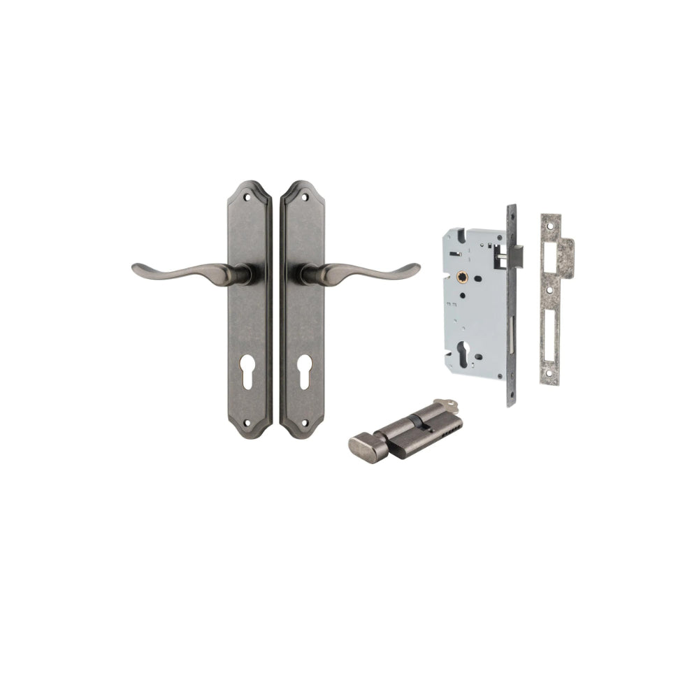 Door Lever Stirling Shouldered Euro Pair Distressed Nickel CTC85mm H250xW48xP64mm Entrance Kit Mortice Lock Euro Distressed Nickel CTC85mm Backset 60mm, Euro Cylinder Key Thumb 6 Pin Distressed Nickel L70mm KA1 in Distressed Nickel