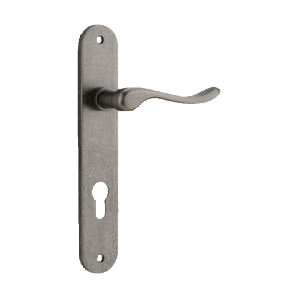 Door Lever Stirling Oval Euro Pair Distressed Nickel CTC85mm H240xW40xP64mm in Distressed Nickel