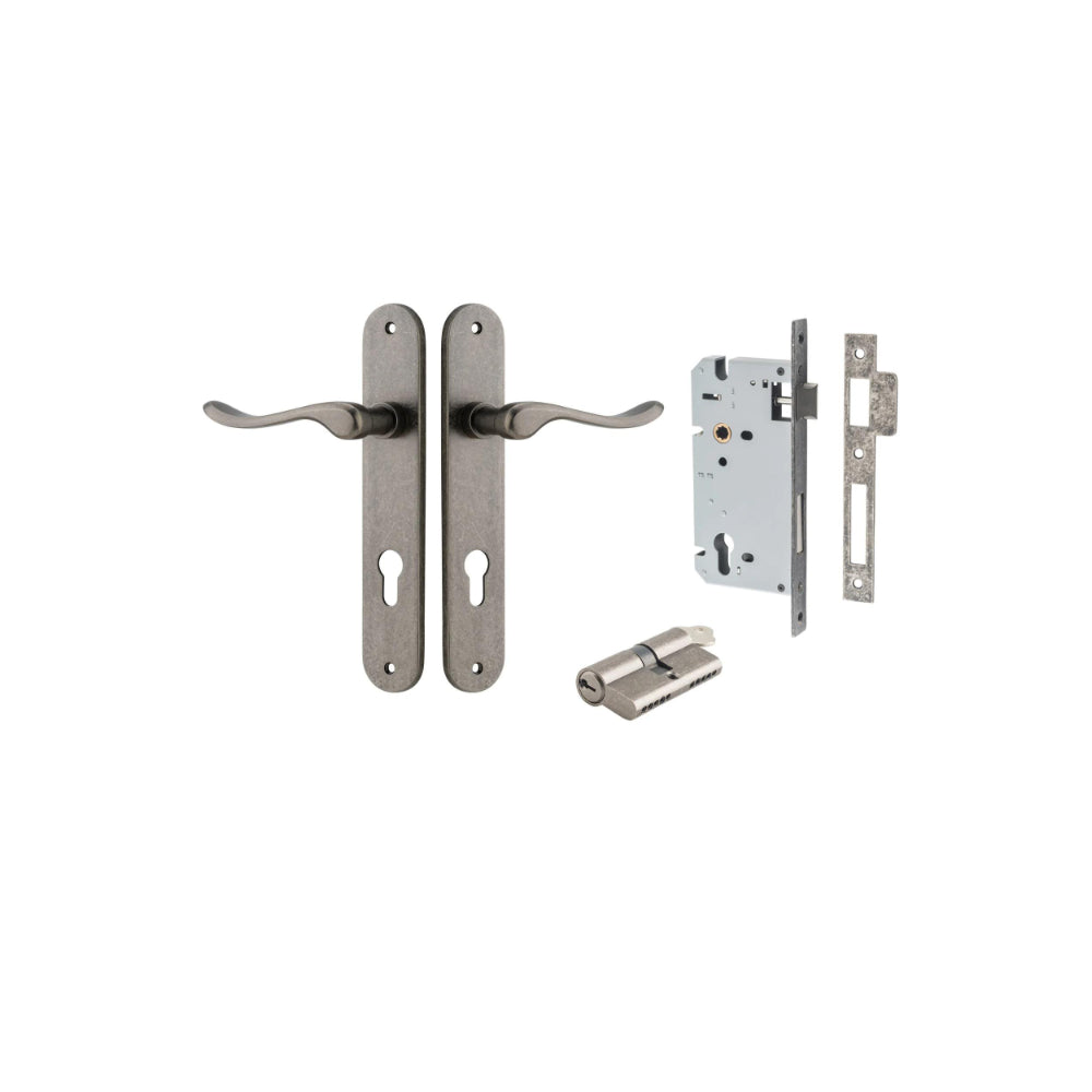 Door Lever Stirling Oval Euro Pair Distressed Nickel CTC85mm H240xW40xP64mm Entrance Kit Mortice Lock Euro Distressed Nickel CTC85mm Backset 60mm, Euro Cylinder Dual Function 5 Pin Distressed Nickel L65mm KA1 in Distressed Nickel