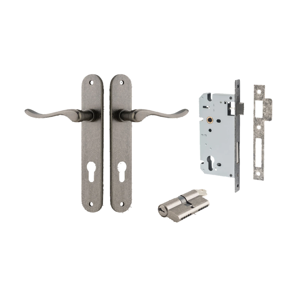 Door Lever Stirling Oval Euro Pair Distressed Nickel CTC85mm H240xW40xP64mm Entrance Kit Mortice Lock Euro Distressed Nickel CTC85mm Backset 60mm, Euro Cylinder Dual Function 5 Pin Distressed Nickel L65mm KA1 in Distressed Nickel