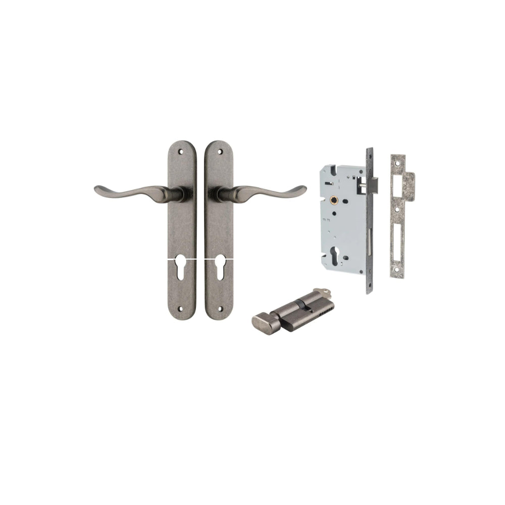 Door Lever Stirling Oval Euro Pair Distressed Nickel CTC85mm H240xW40xP64mm Entrance Kit Mortice Lock Euro Distressed Nickel CTC85mm Backset 60mm, Euro Cylinder Key Thumb 6 Pin Distressed Nickel L70mm KA1 in Distressed Nickel