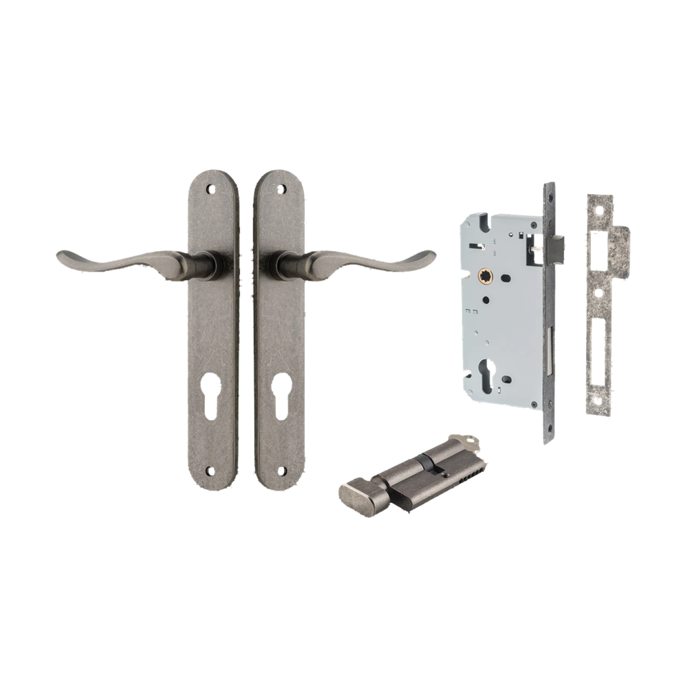Door Lever Stirling Oval Euro Pair Distressed Nickel CTC85mm H240xW40xP64mm Entrance Kit Mortice Lock Euro Distressed Nickel CTC85mm Backset 60mm, Euro Cylinder Key Thumb 6 Pin Distressed Nickel L70mm KA1 in Distressed Nickel