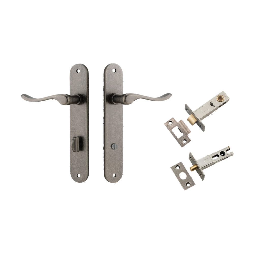 Door Lever Stirling Oval Privacy Pair Distressed Nickel CTC85mm H240xW40xP64mm Privacy Kit Tube Latch Split Cam 'T' Striker Distressed Nickel Backset 60mm, Privacy Bolt Round Bolt Distressed Nickel Backset 60mm in Distressed Nickel