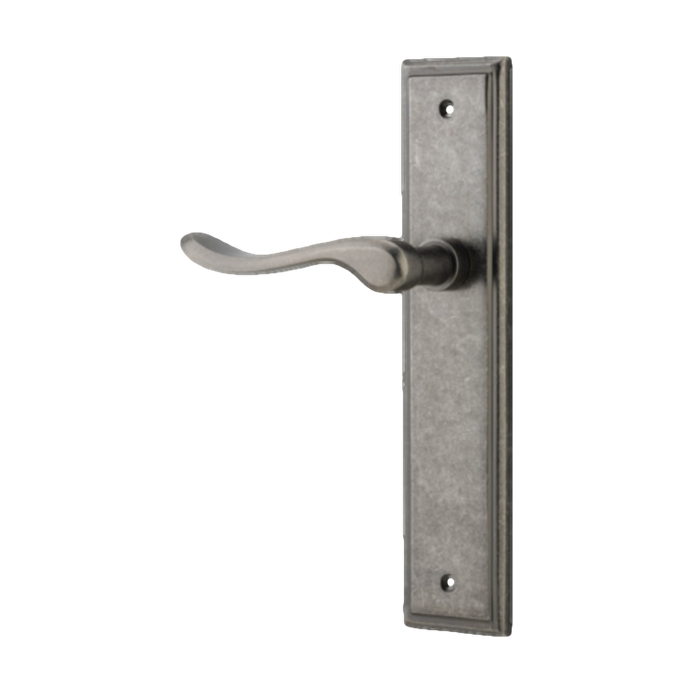Door Lever Stirling Stepped Latch Left Hand Fixed Distressed Nickel L116xP65mm BPH237xW50mm in Distressed Nickel