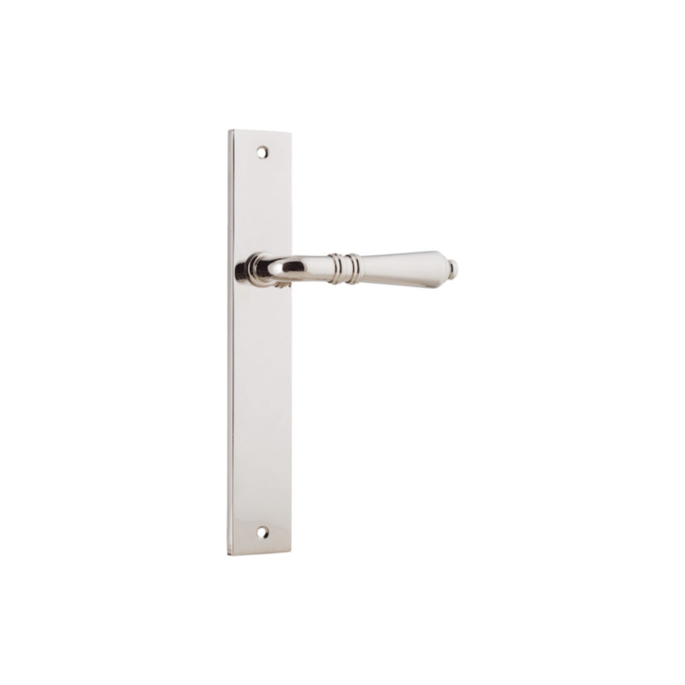Pair of Iver Sarlat lever handles with rectangular backplates, featuring a sleek, modern design for doors.