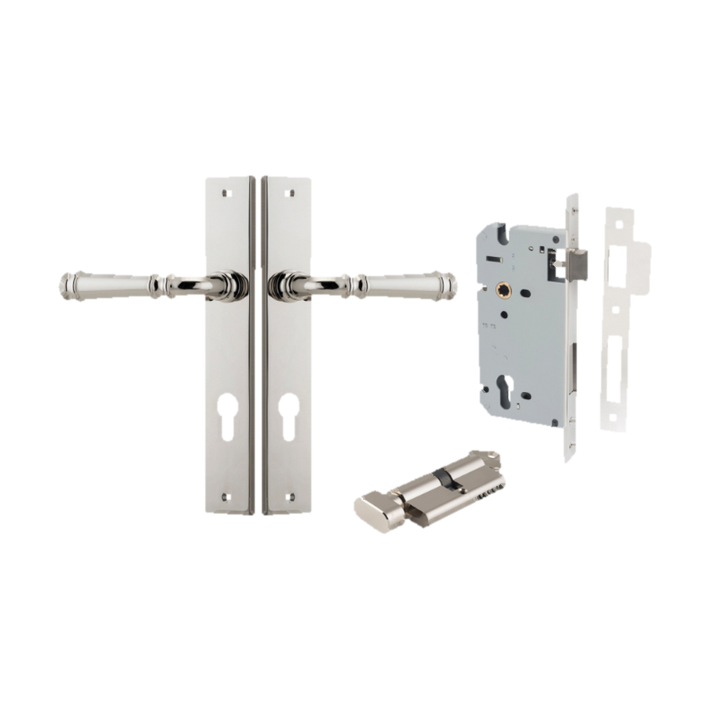 Door Lever Verona Rectangular Euro Polished Nickel CTC85mm H240xW38xP59mm Entrance Kit, Mortice Lock Euro Polished Nickel CTC85mm Backset 60mm, Euro Cylinder Key Thumb 6 Pin Polished Nickel L70mm KA1 in Polished Nickel