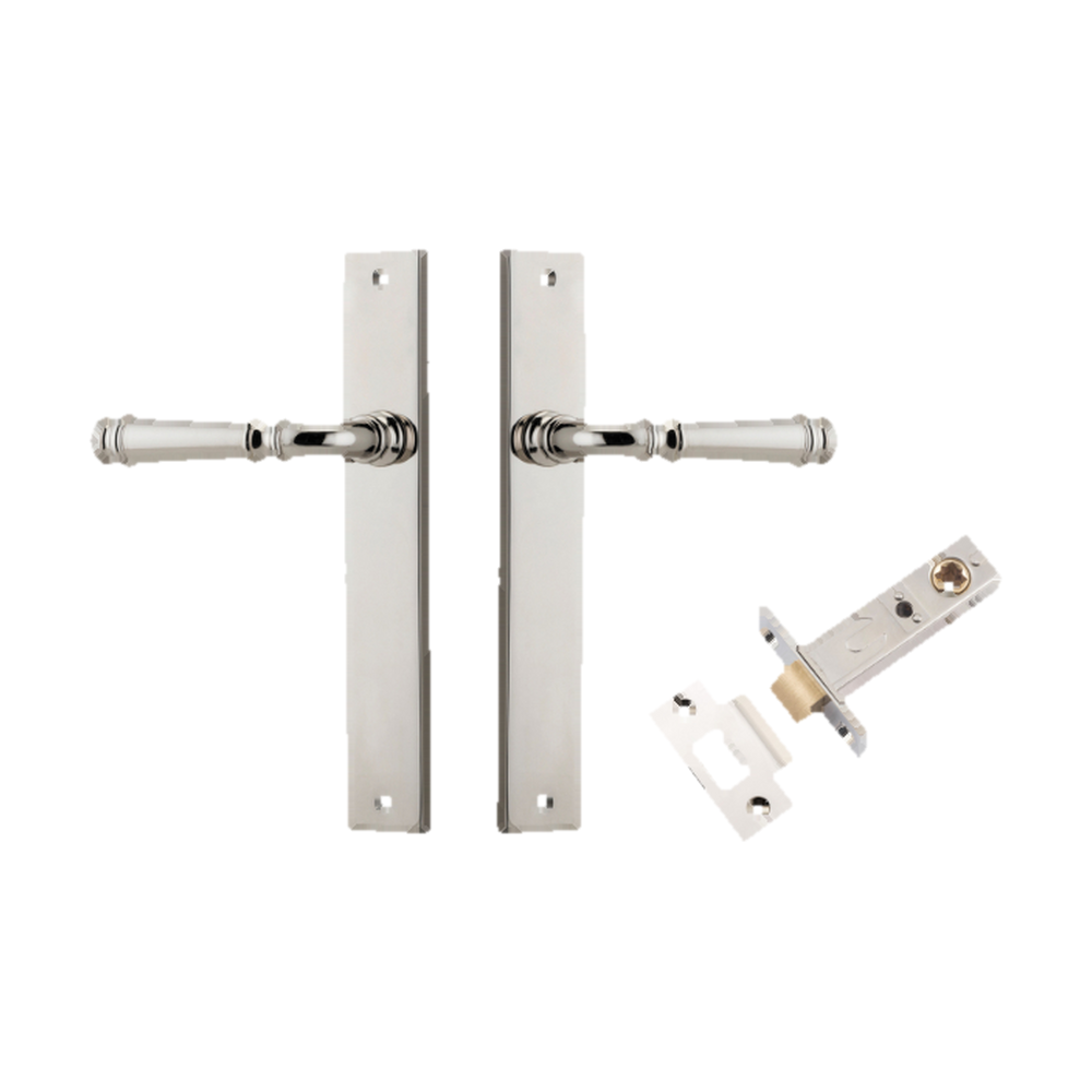 Door Lever Verona Rectangular Latch Polished Nickel H240xW38xP59mm Passage Kit, Tube Latch Split Cam 'T' Striker Polished Nickel Backset 60mm in Polished Nickel