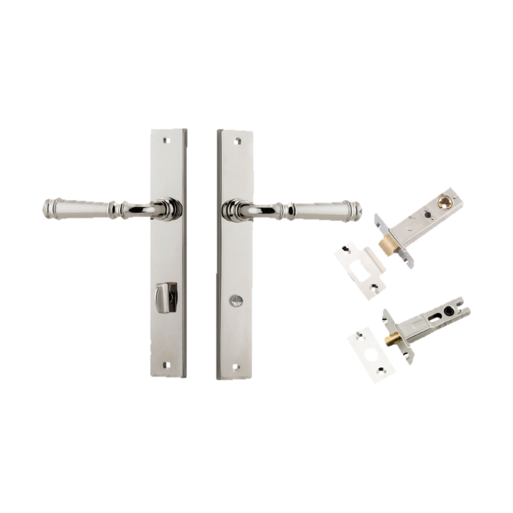 Door Lever Verona Rectangular Privacy Polished Nickel CTC85mm H240xW38xP59mm Inbuilt Privacy Kit, Tube Latch Split Cam 'T' Striker Polished Nickel Backset 60mm, Privacy Bolt Round Bolt Polished Nickel Backset 60mm in Polished Nickel