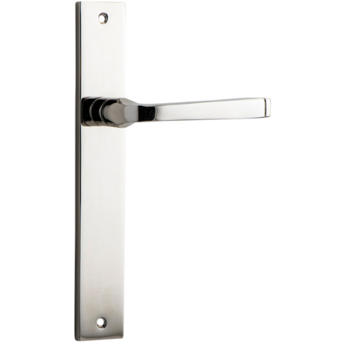 Pair of Iver Annecy lever handles on rectangular backplates, showcasing sleek metal finish and modern design for doors.