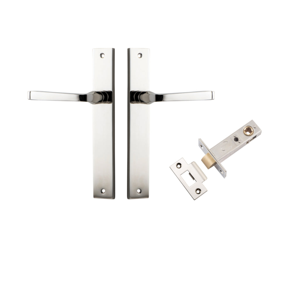 Door Lever Annecy Rectangular Latch Polished Nickel H240xW38xP65mm Passage Kit, Tube Latch Split Cam 'T' Striker Polished Nickel Backset 60mm in Polished Nickel