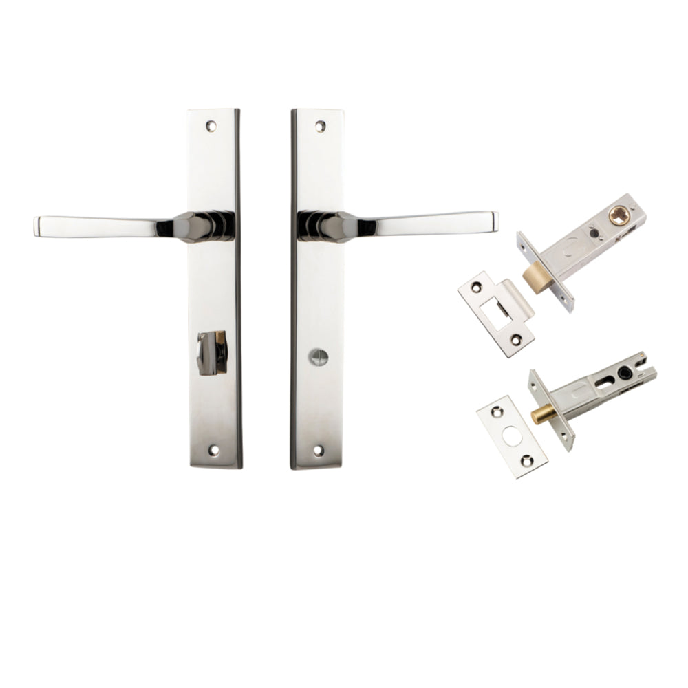 Door Lever Annecy Rectangular Privacy Polished Nickel CTC85mm H240xW38xP65mm Inbuilt Privacy Kit, Tube Latch Split Cam 'T' Striker Polished Nickel Backset 60mm, Privacy Bolt Round Bolt Polished Nickel Backset 60mm in Polished Nickel