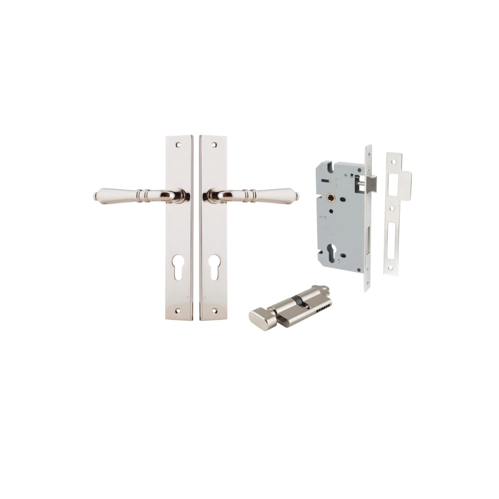 Door Lever Sarlat Shouldered Euro Polished Nickel CTC85mm H250xW48xP57mm Entrance Kit Mortice Lock Euro Polished Nickel CTC85mm Backset 60mm, Euro Cylinder Key Thumb 6 Pin Polished Nickel L70mm KA1 in Polished Nickel