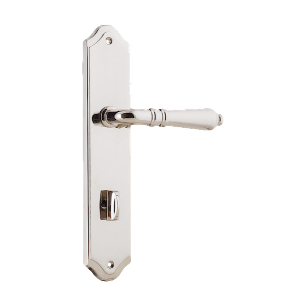 Door Lever Sarlat Shouldered Privacy Polished Nickel CTC85mm H250xW48xP57mm in Polished Nickel