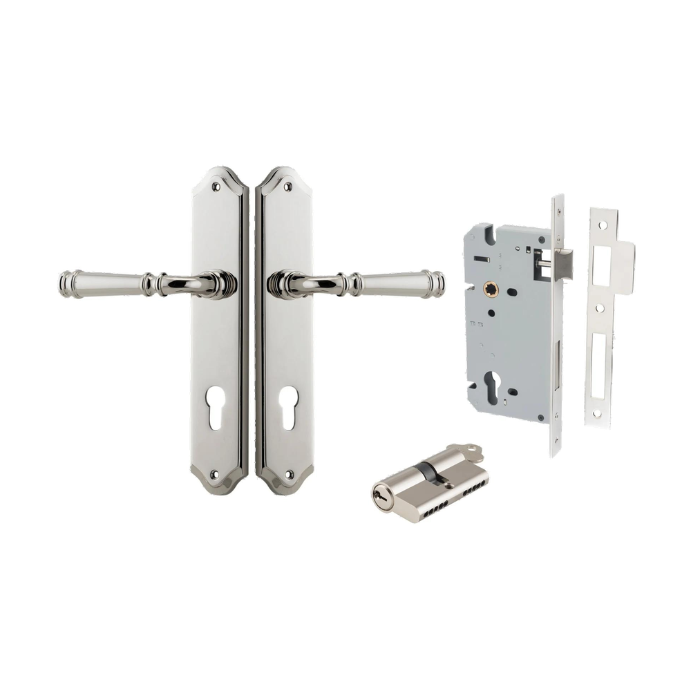 Door Lever Verona Shouldered Euro Polished Nickel CTC85mm H240xW50xP59mm Entrance Kit Mortice Lock Euro Polished Nickel CTC85mm Backset 60mm, Euro Cylinder Dual Function 5 Pin Polished Nickel L65mm KA1 in Polished Nickel