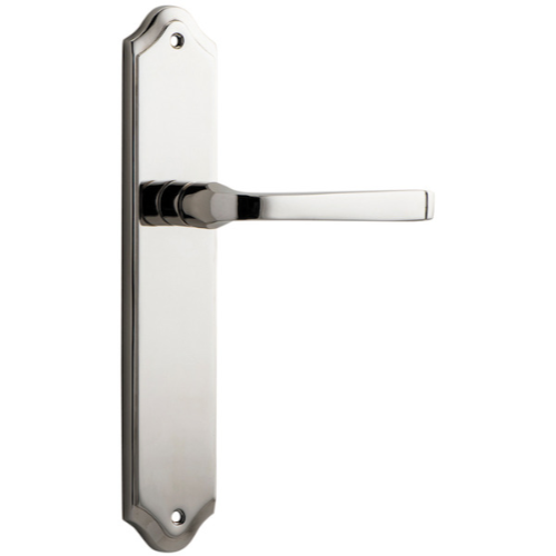 Pair of Iver Annecy lever handles on shouldered backplates, featuring polished metal finish and classic design for cabinet or door use.