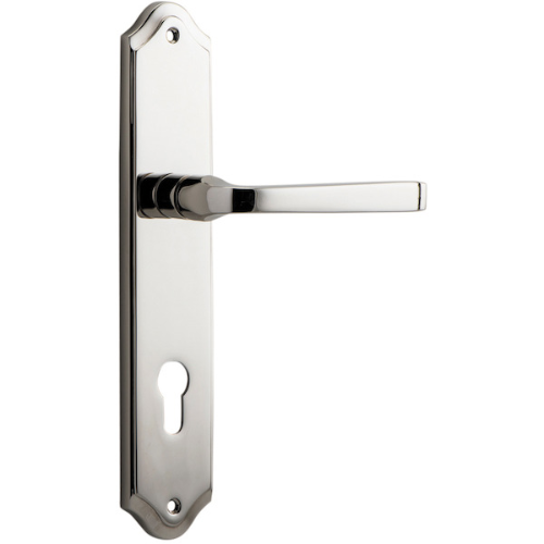 Pair of Iver Annecy lever handles on shouldered backplates, showcasing polished metal finish and traditional design for doors.