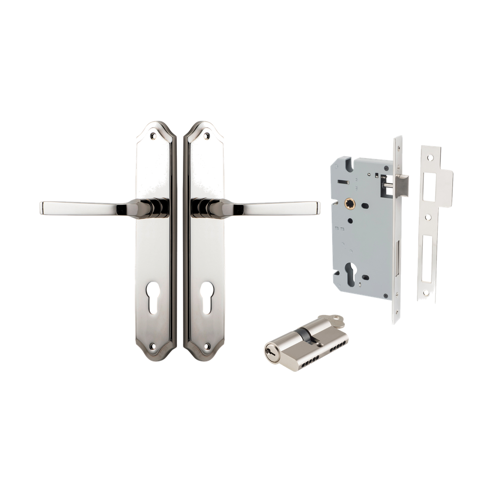 Door Lever Annecy Shouldered Euro Polished Nickel CTC85mm H240xW50xP65mm Entrance Kit Mortice Lock Euro Polished Nickel CTC85mm Backset 60mm, Euro Cylinder Dual Function 5 Pin Polished Nickel L65mm KA1 in Polished Nickel