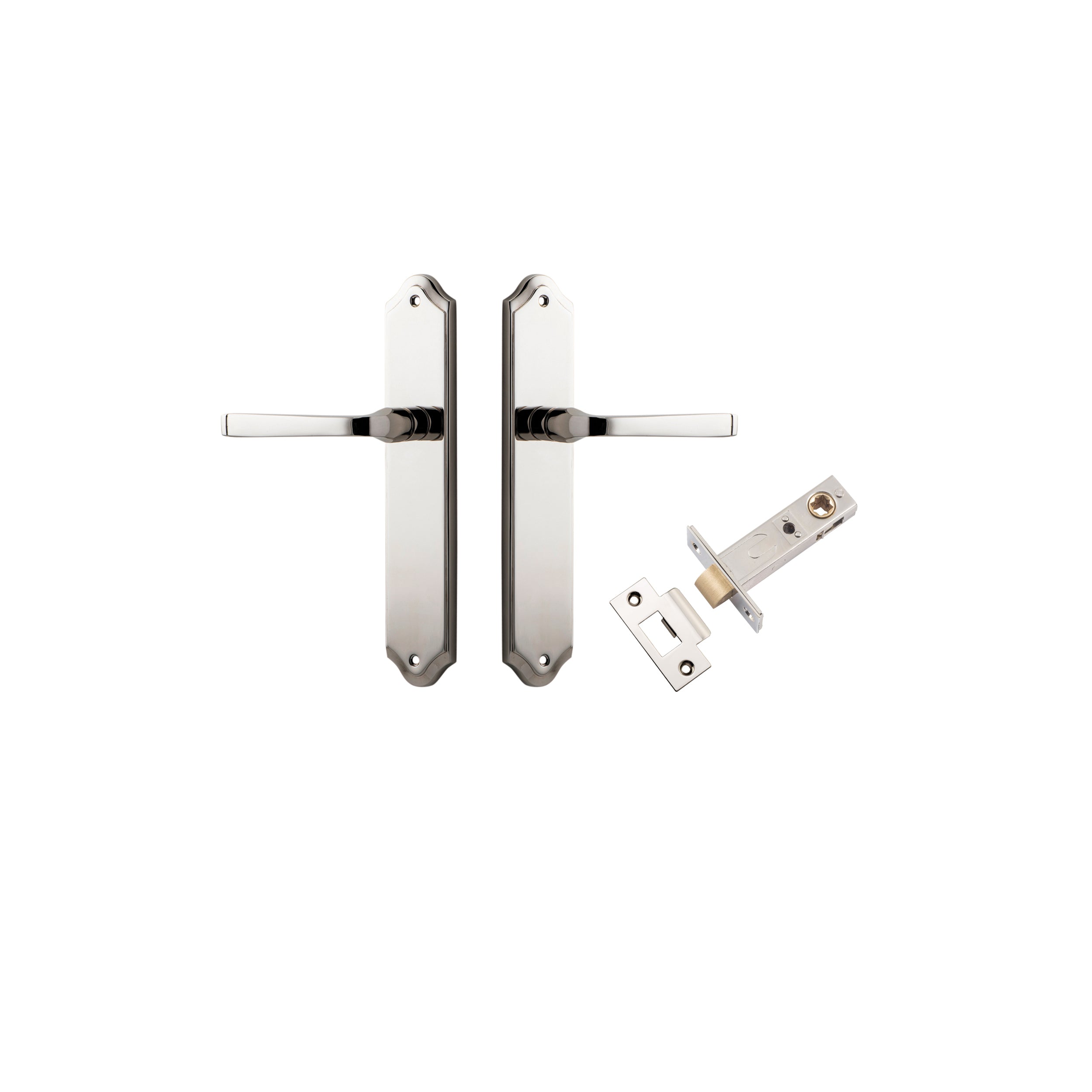 Pair of Iver Annecy lever handles on shouldered backplates, featuring a sleek, modern design with a polished finish.
