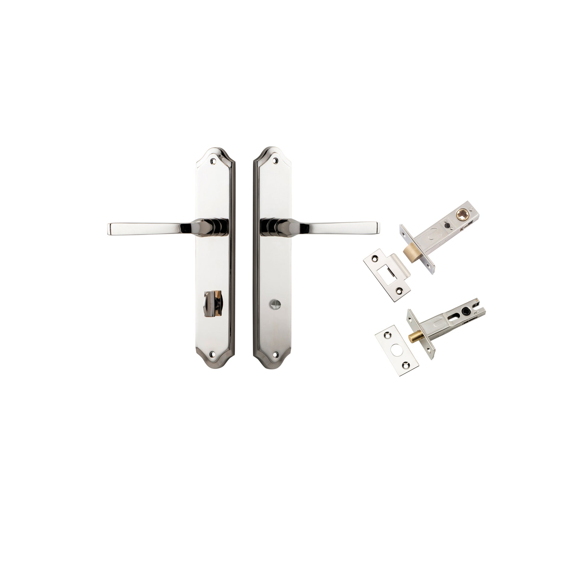 Door Lever Annecy Shouldered Privacy Polished Nickel CTC85mm H240xW50xP65mm Inbuilt Privacy Kit Tube Latch Split Cam 'T' Striker Polished Nickel Backset 60mm, Privacy Bolt Round Bolt Polished Nickel Backset 60mm in Polished Nickel