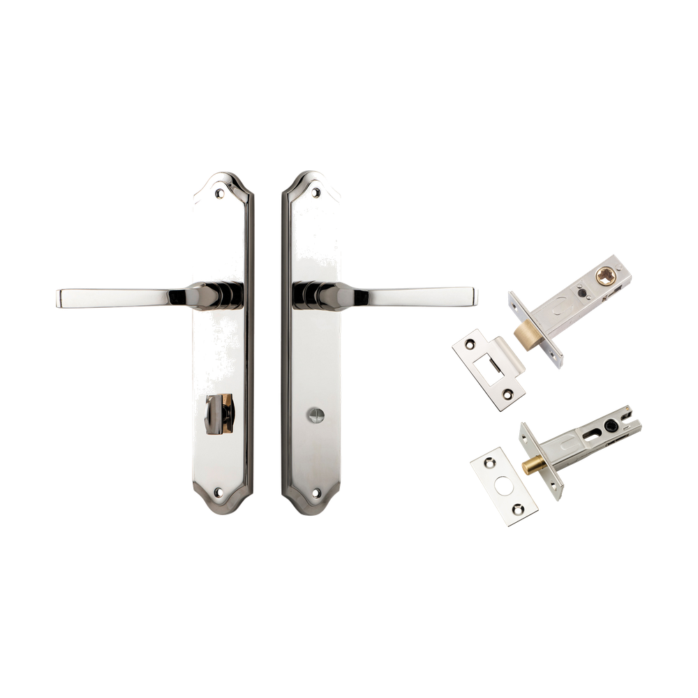 Door Lever Annecy Shouldered Privacy Polished Nickel CTC85mm H240xW50xP65mm Inbuilt Privacy Kit Tube Latch Split Cam 'T' Striker Polished Nickel Backset 60mm, Privacy Bolt Round Bolt Polished Nickel Backset 60mm in Polished Nickel