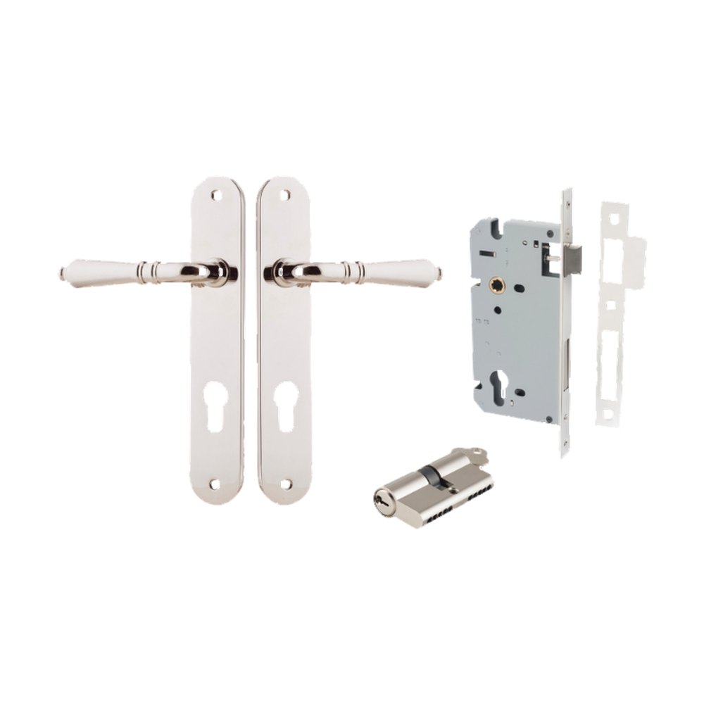 Door Lever Sarlat Oval Euro Polished Nickel CTC85mm H240xW40xP55mm Entrance Kit Mortice Lock Euro Polished Nickel CTC85mm Backset 60mm, Euro Cylinder Dual Function 5 Pin Polished Nickel L65mm KA1 in Polished Nickel