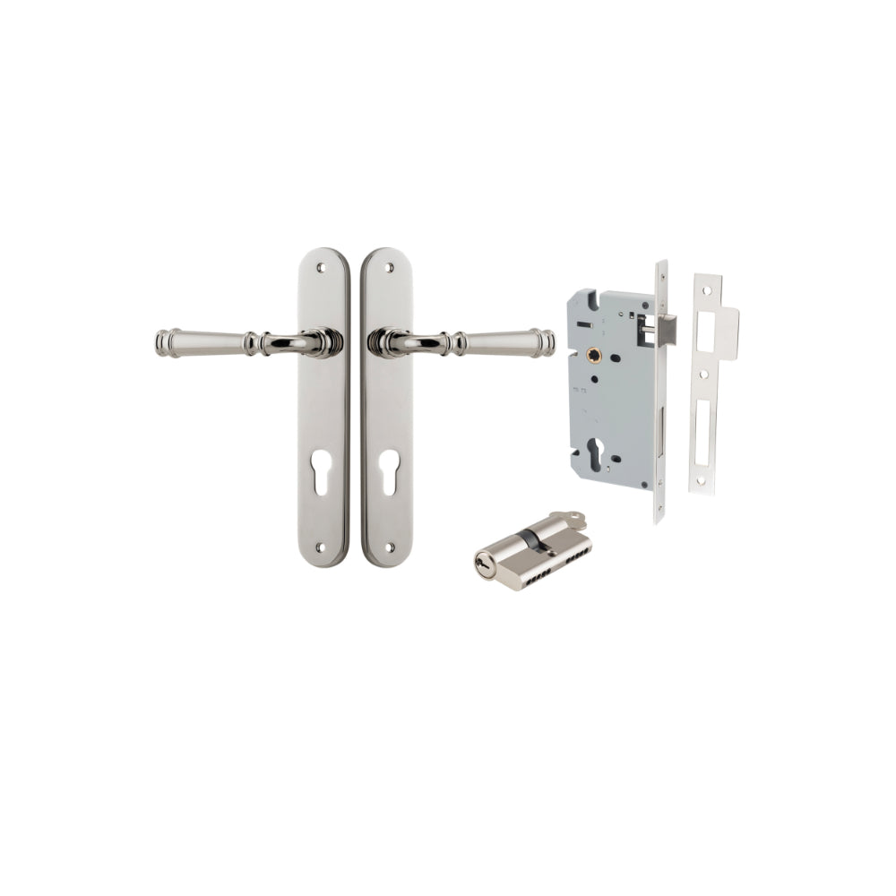 Door Lever Verona Oval Euro Polished Nickel CTC85mm H240xW40xP59mm Entrance Kit Mortice Lock Euro Polished Nickel CTC85mm Backset 60mm, Euro Cylinder Dual Function 5 Pin Polished Nickel L65mm KA1 in Polished Nickel