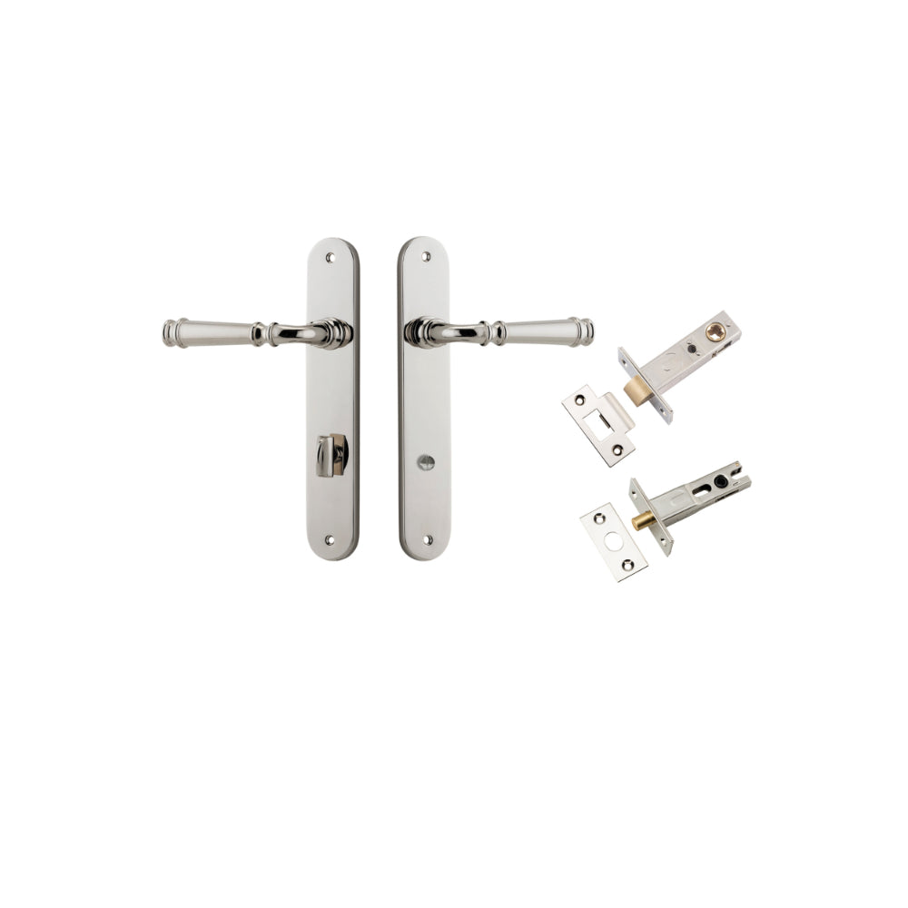 Door Lever Verona Oval Privacy Polished Nickel CTC85mm H240xW40xP59mm Inbuilt Privacy Kit Tube Latch Split Cam 'T' Striker Polished Nickel Backset 60mm, Privacy Bolt Round Bolt Polished Nickel Backset 60mm in Polished Nickel