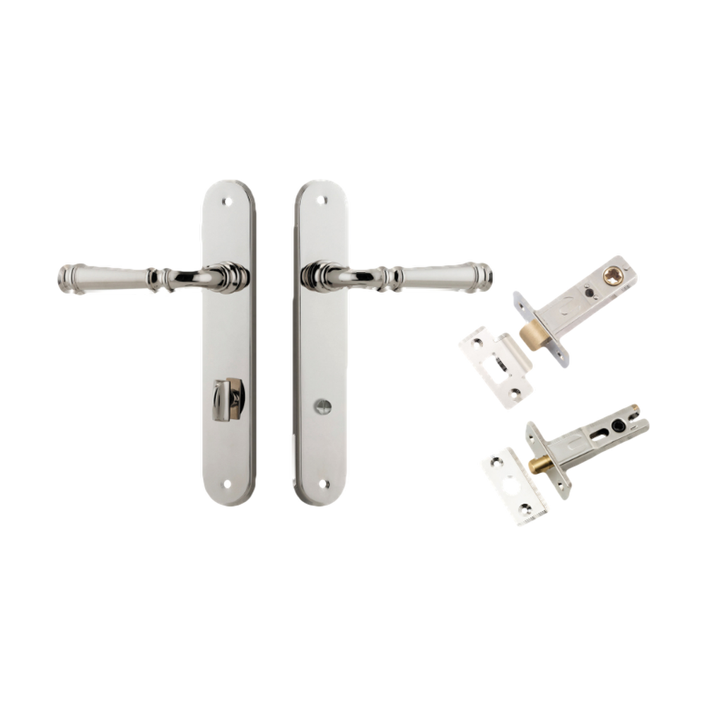 Door Lever Verona Oval Privacy Polished Nickel CTC85mm H240xW40xP59mm Inbuilt Privacy Kit Tube Latch Split Cam 'T' Striker Polished Nickel Backset 60mm, Privacy Bolt Round Bolt Polished Nickel Backset 60mm in Polished Nickel