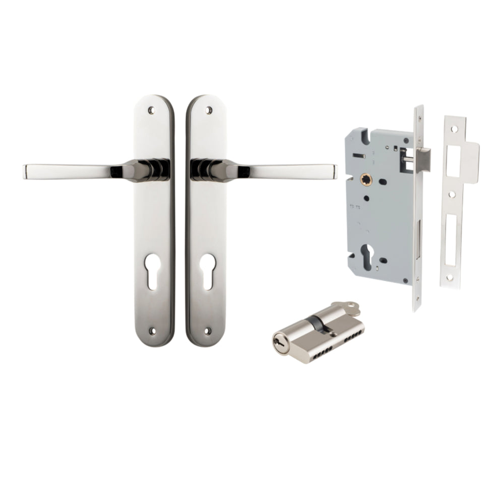 Door Lever Annecy Oval Euro Polished Nickel CTC85mm H240xW40xP62mm Entrance Kit Mortice Lock Euro Polished Nickel CTC85mm Backset 60mm, Euro Cylinder Dual Function 5 Pin Polished Nickel L65mm KA1 in Polished Nickel