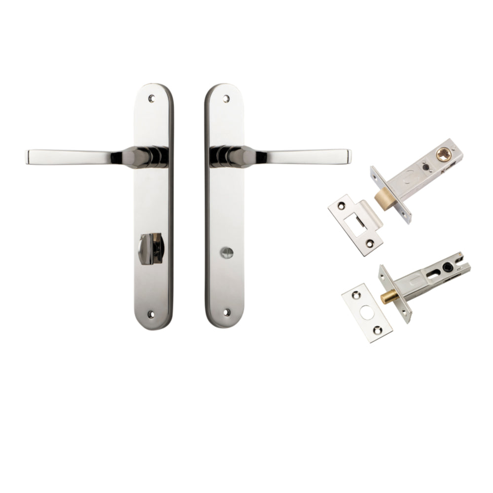 Door Lever Annecy Oval Privacy Polished Nickel CTC85mm H240xW40xP62mm Inbuilt Privacy Kit Tube Latch Split Cam 'T' Striker Polished Nickel Backset 60mm, Privacy Bolt Round Bolt Polished Nickel Backset 60mm in Polished Nickel
