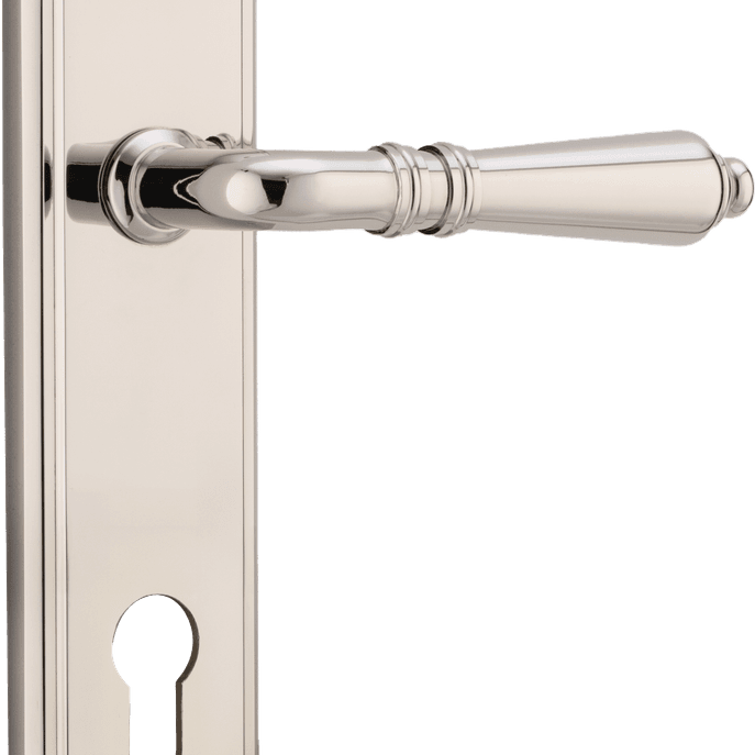 Pair of Iver Sarlat lever handles with stepped backplates, featuring elegant design and polished finish for interior doors.