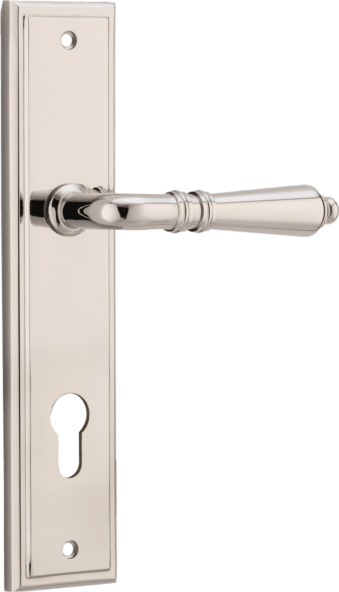 Pair of Iver Sarlat lever handles with stepped backplates, featuring elegant design and polished finish for interior doors.
